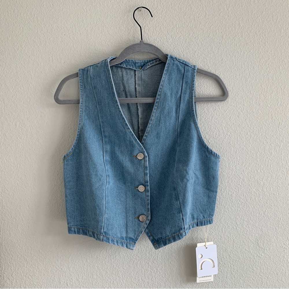 Commense Cropped Blue Denim Vest with Buttons